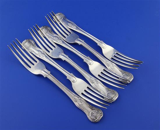 A set of six George IV silver double struck Kings pattern table forks, 21.5 oz.